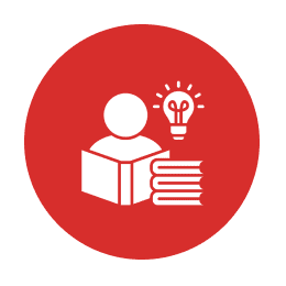 Person reading with books and lightbulb icon.